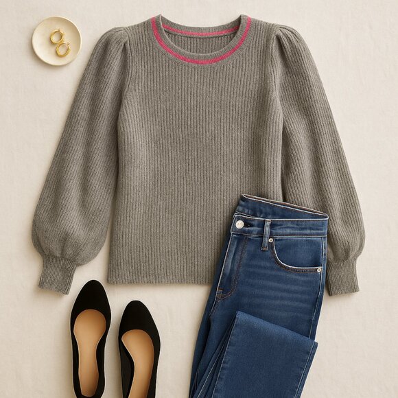 Halogen Puff Sleeve Sweater Gray Crew Neck Fuzzy Knit XS - Picture 2 of 7